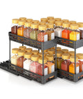 Pull Out Spice Rack Organizer For Cabinets, 3 Pack Slide Out Pantry Shelves with black double tier holding thirty jars.