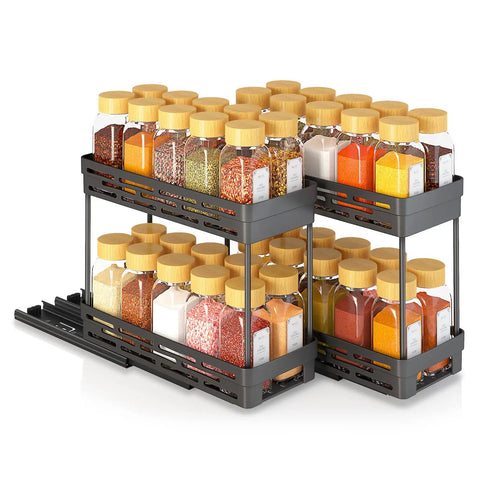 Pull Out Spice Rack Organizer For Cabinets, 3 Pack Slide Out Pantry Shelves with black double tier holding thirty jars.