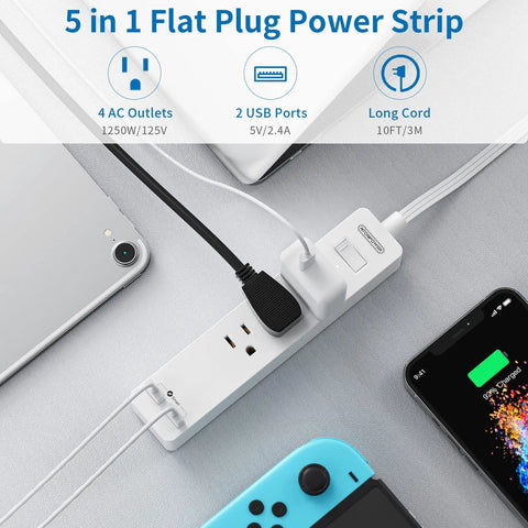Image of ultra thin flat extension cord 10 ft with 3 outlets and 2 USB, devices connected showing use in an office setup.