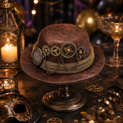 Cool Steampunk Mini Top Hat Fascinator With Antique Gold Clock Gears And Roman Numeral Dial displayed on a stand with decorative elements.