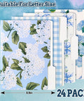 Hydrangea Floral File Folders Set, 24 Pack With One Third Cut Tabs, Four Designs, Blue Bow Plaid Accents, Letter Size 8.9 X 11.6 Inches