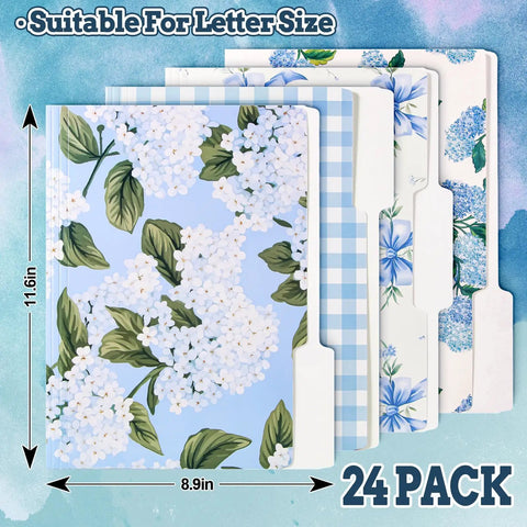 Hydrangea Floral File Folders Set, 24 Pack With One Third Cut Tabs, Four Designs, Blue Bow Plaid Accents, Letter Size 8.9 X 11.6 Inches
