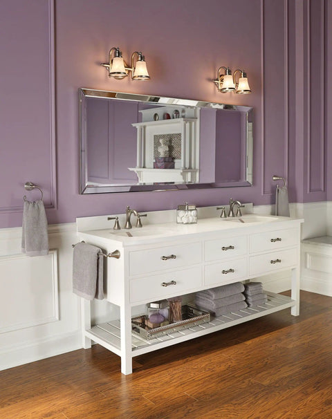 Wynford 24 Inch Single Towel Bar In Brushed Nickel Finish For Bathrooms And Kitchens next to double vanity with mirror and cabinets