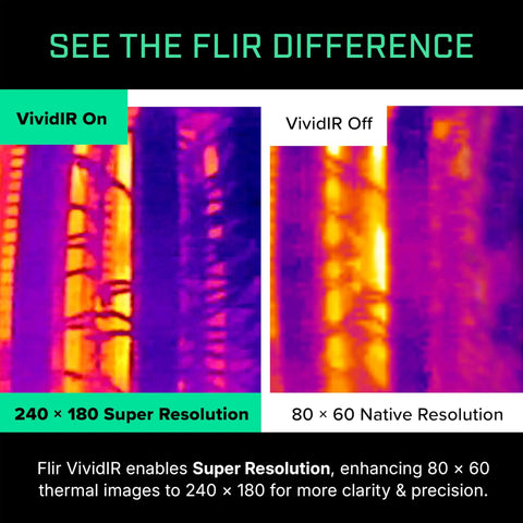 Comparative thermal images showing the Dope Thermal Imaging Camera For iPhone 15 And Newer With USB C 240x180 Upscaled Infrared From 80x60 Native MSX Fusion For Clear Heat Signatures And Night Inspections On Your Phone capabilities with VividIR on and off.