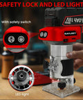 Slick Cordless Palm Router With Fast Brushless Motor And Complete 15 Pc Quarter Inch Shank Bit Kit showing safety lock, LED light, and ergonomic design.