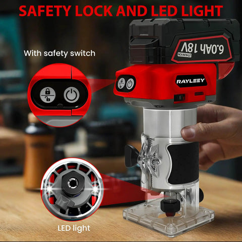 Slick Cordless Palm Router With Fast Brushless Motor And Complete 15 Pc Quarter Inch Shank Bit Kit showing safety lock, LED light, and ergonomic design.
