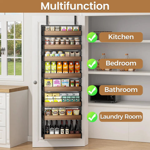Eight Tier Over The Door Pantry Organizer With Adjustable Wire Baskets And Heavy Duty Support Rails For Kitchens Pantries And Closets Big Time Space Saver No Sweat Hanging Setup Rock Solid Daily Storage Total Game Changer displayed in a multifunctional setting.
