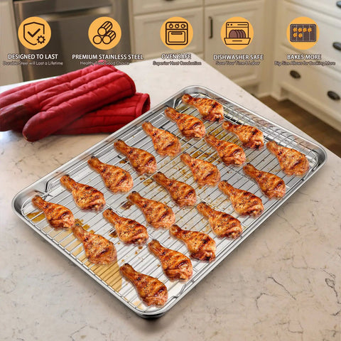Half Sheet Baking Pan With Wire Cooling Rack Set For Oven Cooking 17.7 By 13 Inch Stainless Steel Rimmed Tray Roasting Chicken
