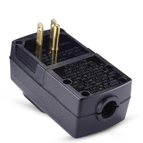 Three Prong GFI Waterproof GFCI Plug Replacement 15 Amp UL Listed showing prongs and safety labeling