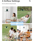 Portable Camping Fan With 8000mAh Battery And USB Rechargeable shown hanging in different settings with four airflow speeds.