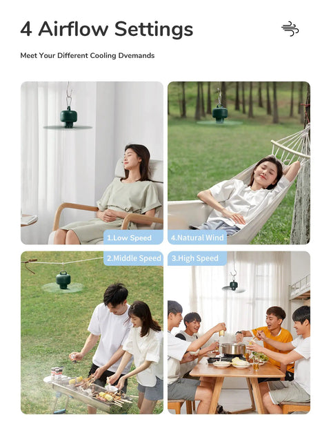 Portable Camping Fan With 8000mAh Battery And USB Rechargeable shown hanging in different settings with four airflow speeds.