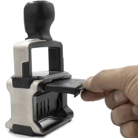Heavy Duty Self Inking Stamp With Dual Color Blue Red Ink, Preloaded Office Messages And Built In Dater, shown being loaded.