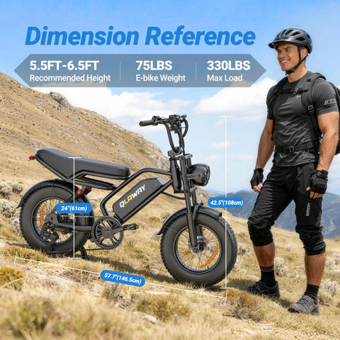 Beast Of A Fat Tire Electric Dirt Bike For Adults With 16 Inch Wheels 500W Brushless Motor 20 MPH Top Speed 70 Mile Range Removable 48V 13 5Ah Battery Full Suspension 7 Speed Gears Off Road Ebike For Trails And Commutes, dimensions shown with rider
