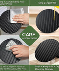 Care instructions for Cast Iron Smash Burger Press 7 Inch for Juicy Patties and Crispy Bacon Grooved Grill Press Tool showing cleaning and oiling steps
