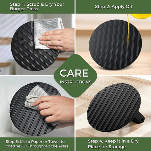 Care instructions for Cast Iron Smash Burger Press 7 Inch for Juicy Patties and Crispy Bacon Grooved Grill Press Tool showing cleaning and oiling steps