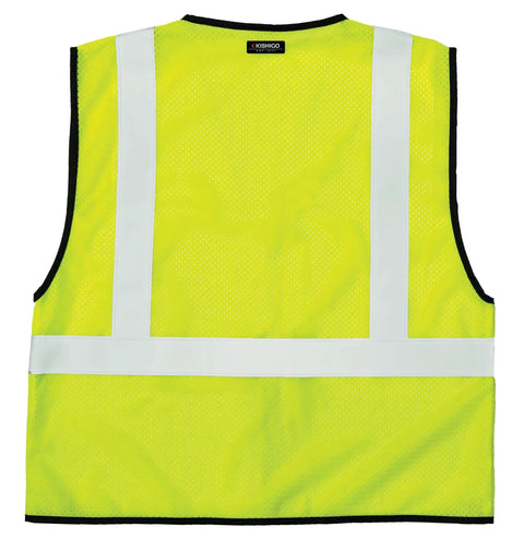 Mens High-Vis Mesh Vest With Zip-Front And Neon Lime Shade To Stay Fresh While Working Hard, back view with reflective stripes.