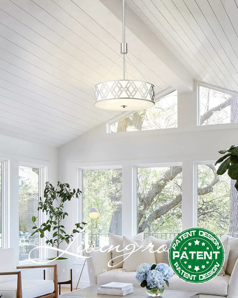 18 Inch Three Light Drum Chandelier Pendant Light With Adjustable Height In Brushed Nickel Finish in bright living room.
