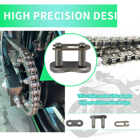 Heavy Duty 420 Chain Master Link With Quiet Roller Design For Smooth Motorcycle And Dirt Bike Drivetrains detailed close-up.