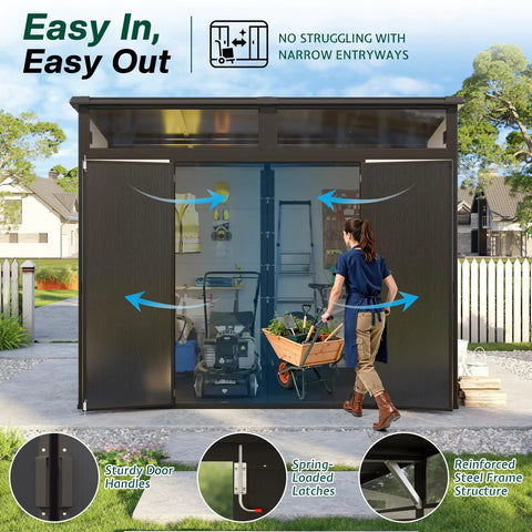 Person entering 7x7x7 Ft Outdoor Resin Storage Shed With Floor Double Doors Sloped Roof Waterproof All Weather UV Resistant Skylight Panels