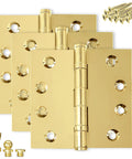 Solid Brass Door Hinge Heavy Duty Ball Bearing Polished Gold Finish 4.5 By 4.5 Inch Set Of 3 With Decorative Screw On Tips Included