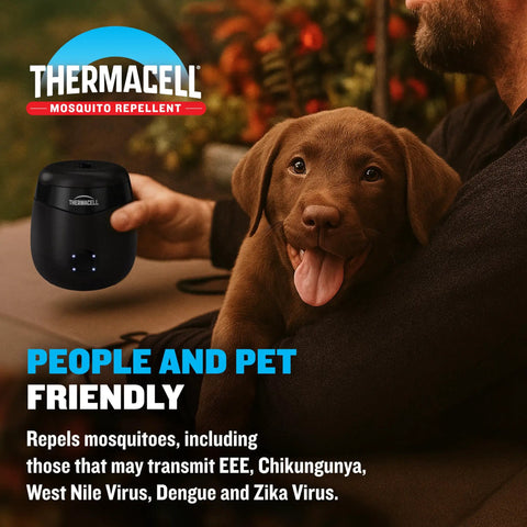 Rechargeable Patio Mosquito Repeller With 20 Foot Zone Of Protection, 5.5 Hour Battery, DEET-Free, held near brown puppy
