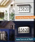 LED Illuminated Address Plaque With Solar Power For Home Exterior showing daytime charging and nighttime illumination