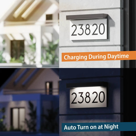 LED Illuminated Address Plaque With Solar Power For Home Exterior showing daytime charging and nighttime illumination