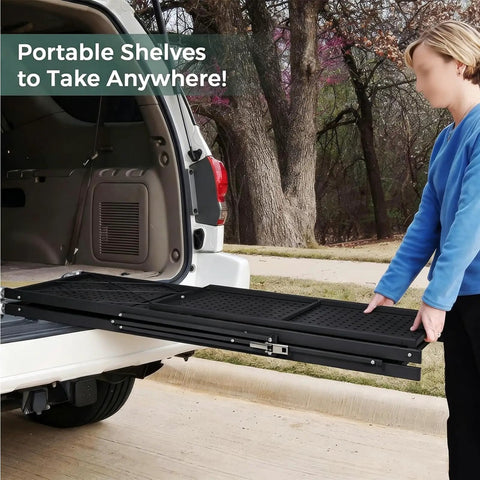 Nix The Clutter With This Game Changing Heavy Duty Folding Metal Organizer Shelf In Crisp White Featuring Three Tier Durable Wire Rack Versatile Display Stand And Multi Purpose Bookshelf For Home being set up outside a vehicle.