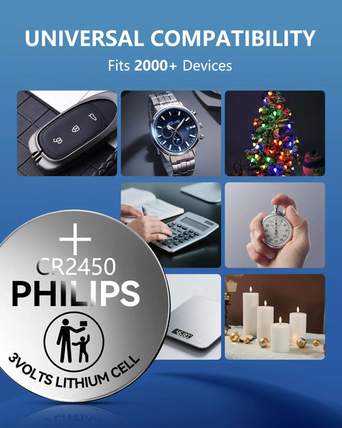 Heavy Duty 3V Lithium CR2450 Coin Cell Battery 5 Pack with universal compatibility for 2000+ devices including watches and key fobs.