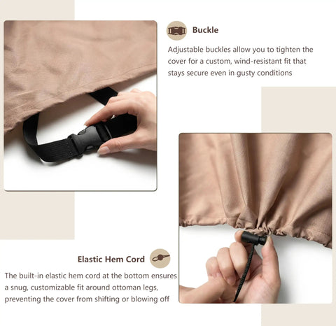 Close-up of beige Heavy Duty Waterproof Patio Ottoman Cover with adjustable buckle and elastic hem cord for secure fit.