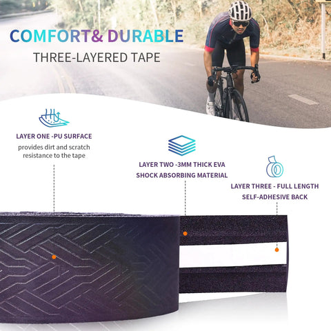 Rocket Texture Anti Slip Bar Tape for Road Bikes Cushioned PU Handlebar Wrap with Sweat Resistant Grip showing three-layer structure.