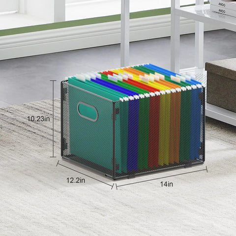 Collapsible Mesh Hanging File Crates With Handy Carry Handle Letter Size Document Holder And Portable Desk Organizer showing colorful folders in steel wire filing box.