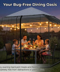 Family dining inside Mosquito Netting for Patio Umbrella 10x10 Ft Canopy Screen, Weather Resistant 75D Polyester Mesh With TPU Base