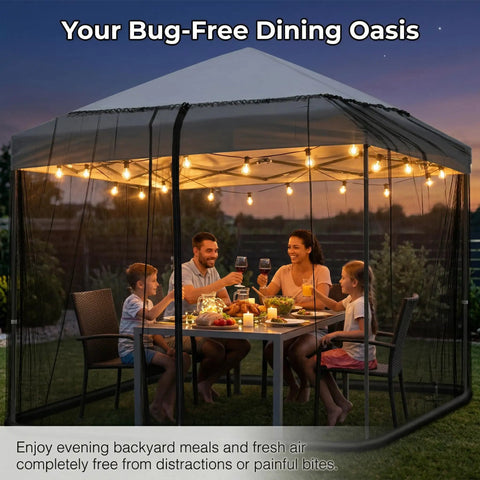 Family dining inside Mosquito Netting for Patio Umbrella 10x10 Ft Canopy Screen, Weather Resistant 75D Polyester Mesh With TPU Base