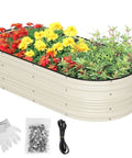 Galvanized Raised Garden Bed Set 4x2x1ft open bottom design with flowers, showing rust and corrosion-resistant material, easy assembly.