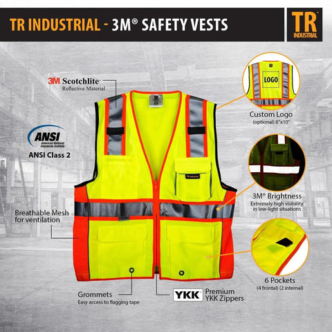 Top Shelf Class Two High Visibility Safety Vest With Deep Carry Pockets And Slick Zipper Front Built Like A Tank Rock Solid Reflective Bands Fast Drying Mesh Side Panels Pro Grade Rig For Long Days On The Job XXXL with bright yellow color and mesh for ventilation.