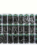 Massive 1260 Piece Metric Bolt Kit With M2 M3 M4 Fasteners, 21 Sizes From 4mm To 30mm, Alloy Steel Hex Bolts Nuts Washers Set For DIY Projects And Repairs, Built Tough For Everyday Fixes. Organized tray of black alloy steel M2-M4 bolts, nuts, and washers