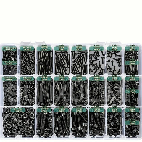 Massive 1260 Piece Metric Bolt Kit With M2 M3 M4 Fasteners, 21 Sizes From 4mm To 30mm, Alloy Steel Hex Bolts Nuts Washers Set For DIY Projects And Repairs, Built Tough For Everyday Fixes. Organized tray of black alloy steel M2-M4 bolts, nuts, and washers