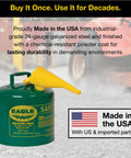 Heavy Duty 5 Gallon Type I Green Safety Gas Can That Keeps The Mess Away Built Like A Tank For Oil And Flammable Fluids with spout.