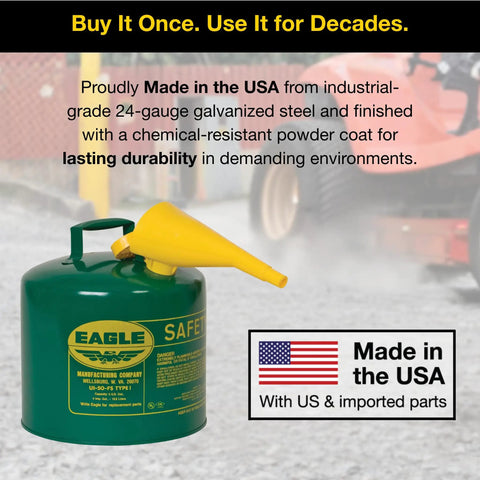 Heavy Duty 5 Gallon Type I Green Safety Gas Can That Keeps The Mess Away Built Like A Tank For Oil And Flammable Fluids with spout.