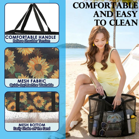 Huge Mesh Beach Bag For Women With Zipper Pocket Sandproof Pool Cruise Tote on beach with pockets visible