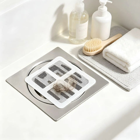 Hair Drain Stickers Disposable Hair Catcher for Shower Drain on a silver drain with caught hair strands nearby.