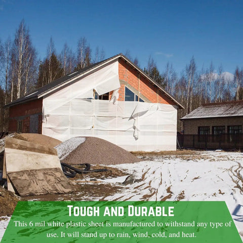 Heavy Duty Pro Grade White Construction Plastic Sheeting 6 Mil Thick Tarp on house exterior for dust containment.