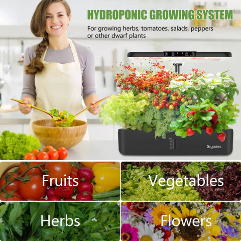 Indoor Hydroponic Garden System With LED Grow Light Dual Tier 44 Pod Kit For Herbs Greens Lettuce No Soil Kitchen Garden Adjustable 180 Degree Light Panel Germination Kit Included No Seeds in use with various plants and a person preparing salad