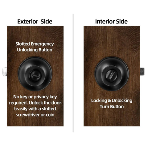 Exterior and interior views of matte black doorknob from 8 Pack Privacy Door Knobs Matte Black Interior Passage Lock Set Keyless Round Doorknobs For Bedroom And Bathroom Includes Hardware And Instructions Easy To Install No Fuss, showing slotted emergency unlocking and turn button.