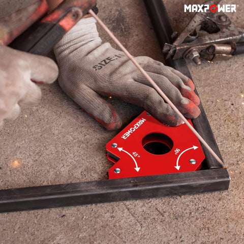 Front view of MAXPOWER red welding magnet plate with 45° and 90° angle markings (75 lb) used to hold metal during welding.