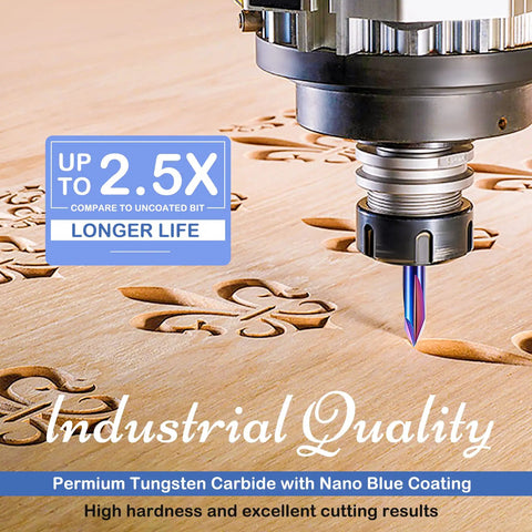 Close-up of Eight Piece 1/4 Inch Shank CNC Router Bit Set With Pro Grade Tungsten Carbide carving intricate designs in wood