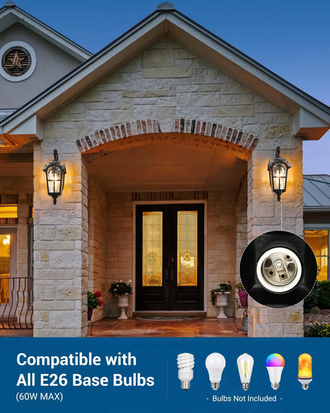 Front view of house with two Vintage Black Outdoor Wall Lanterns, 17.7 inch exterior sconces, highlighting elegance at entryway.