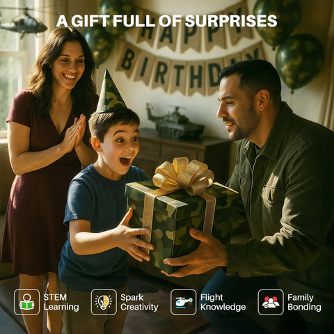 Child receiving a Rugged Army Style RC Helicopter With Altitude Hold And One Key Take Off Landing 2.4GHz Remote Control Toy for birthday