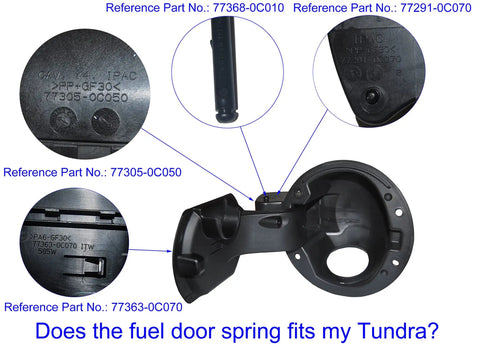 Toyota Tundra Fuel Door Spring Replacement 2007 To 2021 Trucks image showing part numbers and fuel door assembly details.